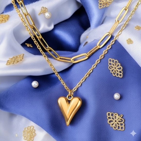 🆕️Radiant 18K Gold Plated Layered Necklace with Heart Pendant Stud Earrings Set - Picture 8 of 12